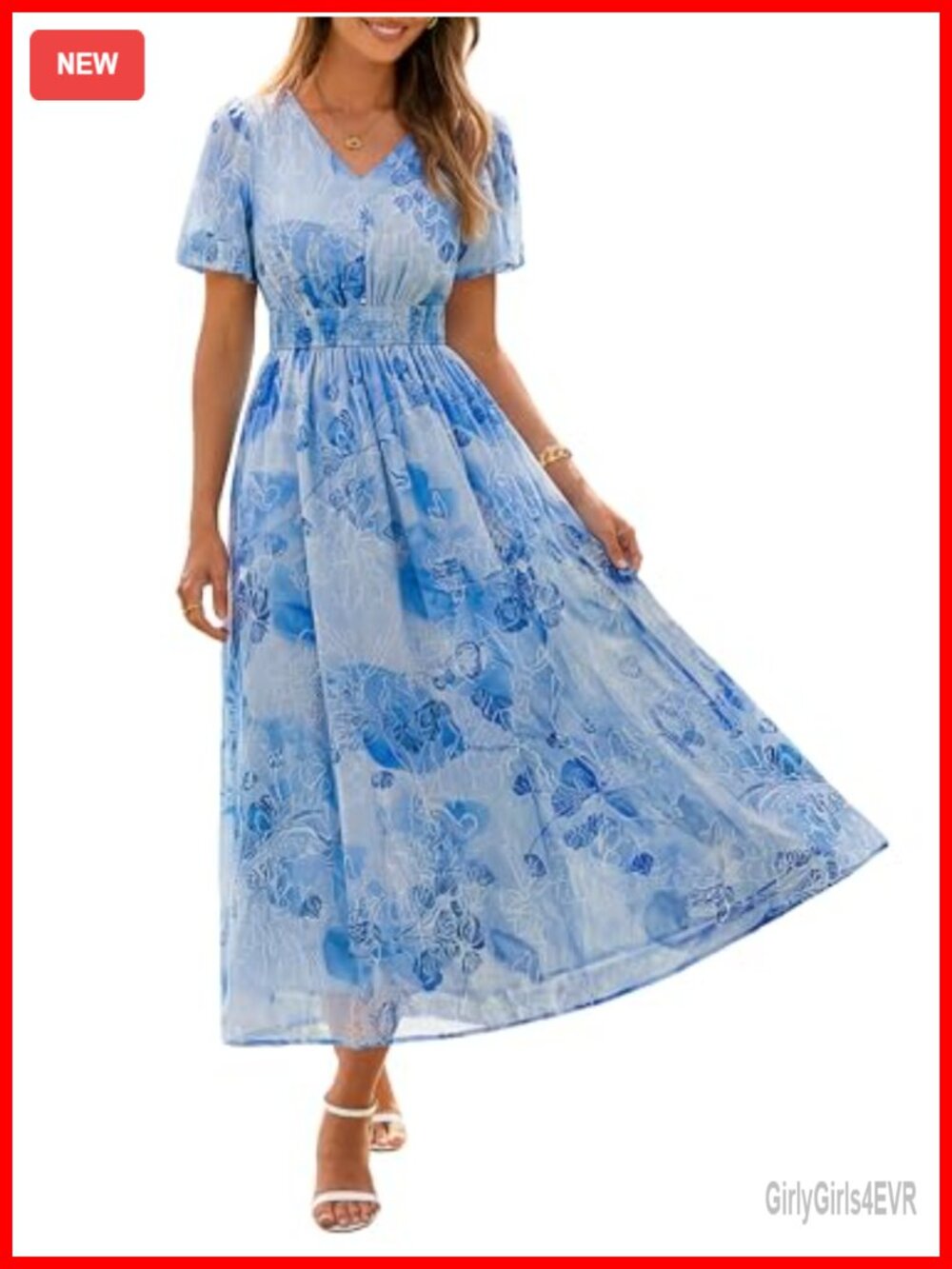 Women's Floral Maxi Dress Chiffon Puff Sleeve V-Neck Wedding Guest